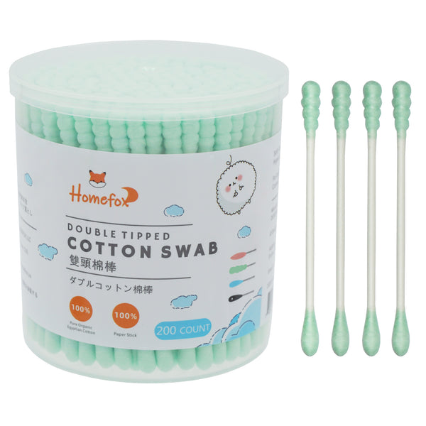 HOMEFOX Cotton Swabs Double Tipped Round & Spiral Organic Cotton Buds Soft Gentle Chlorine-Free (200 Counts)