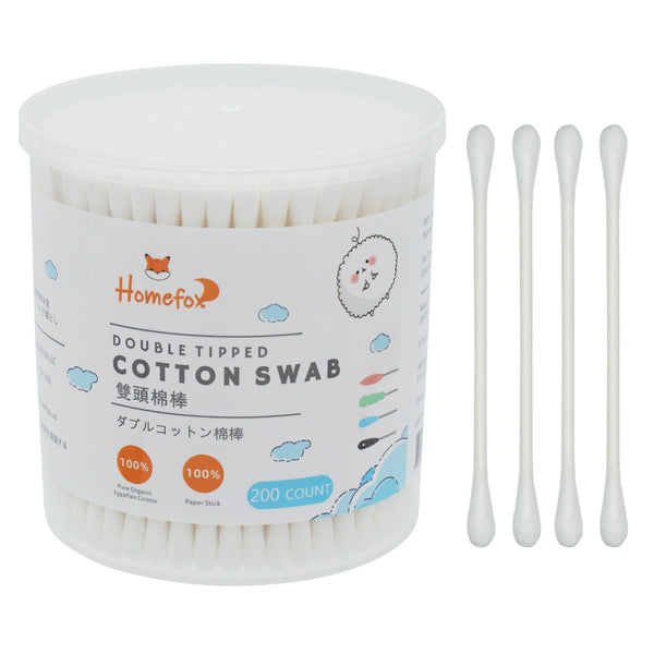 HOMEFOX Cotton Swabs Double Tipped Round Organic Cotton Buds Soft Gentle Chlorine-Free White (200 Counts)