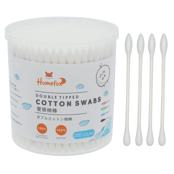 HOMEFOX Cotton Swabs Double Tipped Precision & Round Organic Cotton Buds Soft Gentle Chlorine-Free White (200 Counts)